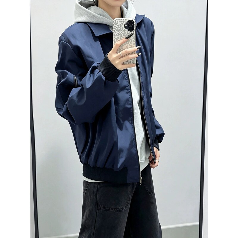 Navy Blue American-Style Ma-1 Flight Jacket for Men, Autumn High-End Cool Workwear Baseball Jacket, Short Coat