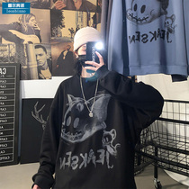 ins high street dark cartoon pattern printing sweater mens Tide brand large size loose spring and autumn coat mens Korean trend