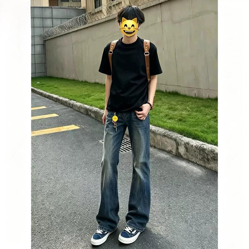 American Retro Blue Flared Straight-Leg Jeans for Men, Autumn Cleanfit Pants, Slim-Fit Narrow Casual Trousers