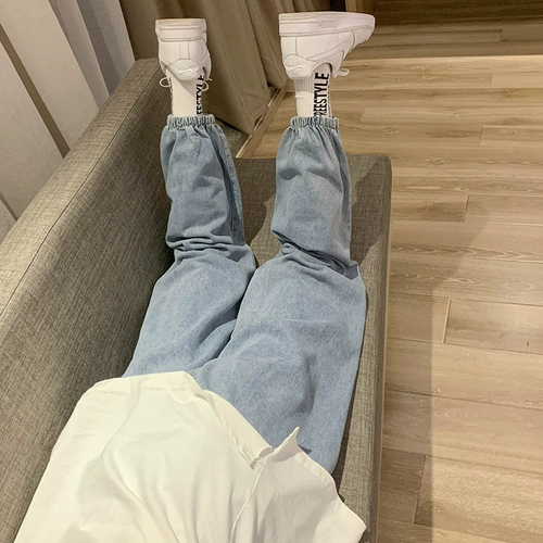 纯色牛仔裤男潮牌韩版潮流秋季百搭蓝色休闲 𫔮裤高街裤子束脚哈伦裤