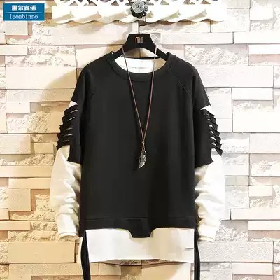 Japanese fake two pieces of broken Edge sweater men's tide card plus size coat fat man's loose overcoat