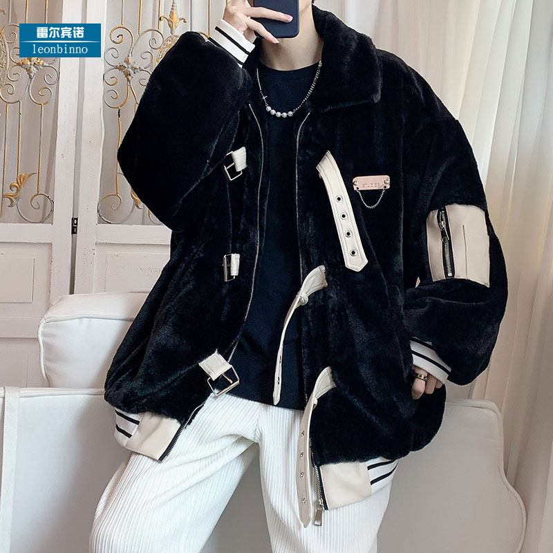 Men's winter coat ins plus velvet thickened lamb wool loose cotton clothes tide handsome cotton jacket lamb velvet cotton coat men