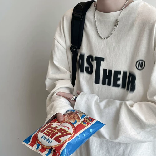 Белый осенний хлопковый трендовый приятный телу лонгслив для отдыха, в американском стиле, оверсайз