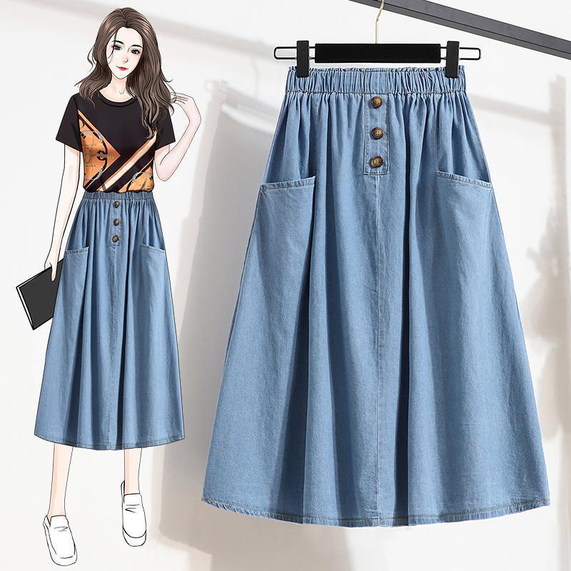 Plus Size Women's Summer New Denim Skirt, Thin, Loose, Solid Color, Casual, High-Waisted, Slimming, A-Line, Mid-Length Plus Size Women's Summer New Denim Skirt, Thin, Loose, Solid Color, Casual, High-Waisted, Slimming, A-Line, Mid-Length