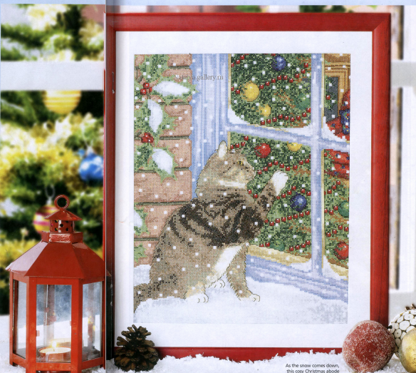 Cross embroidered electronic drawings Replored Cross Stitch Gold 88 Animals-The kitty of the Christmas window