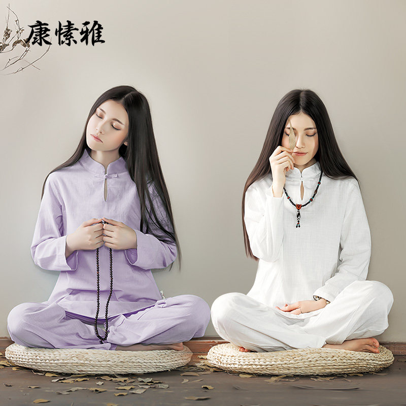 Concian Elegant Cotton Hemp Yoga Suit Zen 2 style suit white Zen costume woman fairy qi meditation meditation on Chinese wind Buddhist relaxation