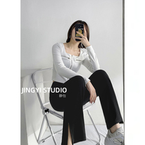 Black wide leg pants womens straight tube loose high waist drape feel thin 2021 Spring and Autumn New slit casual pants spring clothes