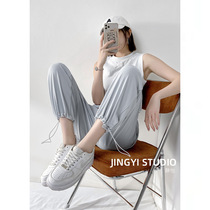 Ice silk sweatpants womens summer thin 2021 New High waist slim joker loose nine-point leg pants tide