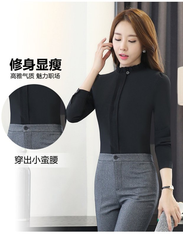 Áo sơ mi cạp cao dáng liền màu 2018 xuân mới thời trang ol chuyên nghiệp áo sơ mi nữ tay dài chạm đáy hoang dã áo sơ mi sọc