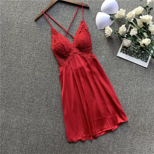 Tide thương hiệu đồ ngủ sexy phụ nữ mùa xuân và mùa hè hở lưng ren cám dỗ Váy ngủ sexy trắng sling lụa - Đêm đầm