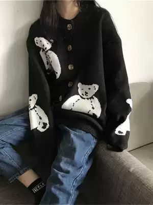 Korean bear knitted cardigan jacket women's autumn and winter thickened New lazy wind loose medium and long sweater women wear