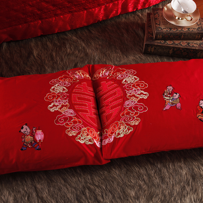 60 bông satin thêu đám cưới sản phẩm giường cưới màu đỏ đôi gối đơn gối gối tựa lưng