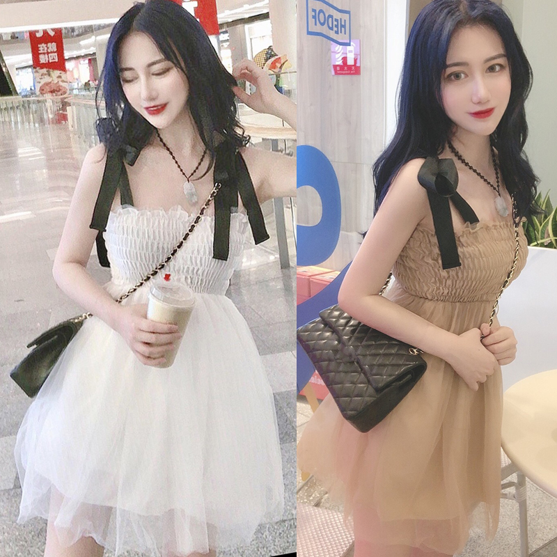 VK旗艦店 韓系性感拼色鏤空網紗抹胸禮服蓬蓬短袖洋裝
