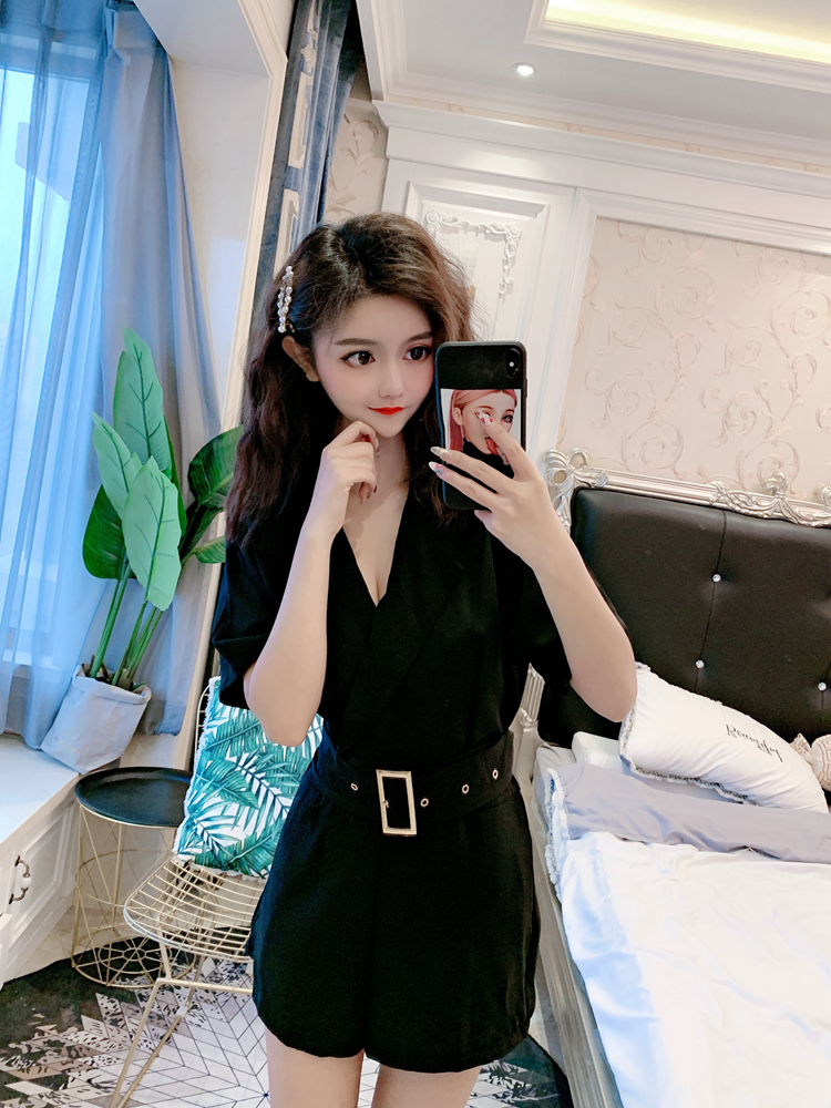 DABI 韓系西裝領休閒寬口高腰連身褲套裝短袖褲裝 LQSF5409.jpg