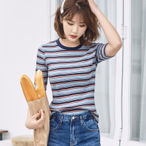 Xin Mi blue and white striped T-shirt womens short sleeve 2020 new color rainbow horizontal Cotton slim bottom coat summer