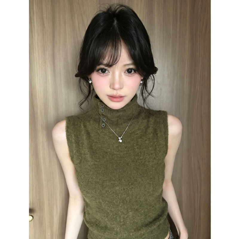 Sweet and Spicy Olive Green Turtleneck Knitted Vest for Women, Autumn Design, Atmospheric Short Sleeveless Top