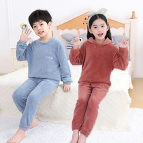 Autumn and winter children coral velvet pajamas set baby middle and Big Boy Girl plus velvet padded casual home wear