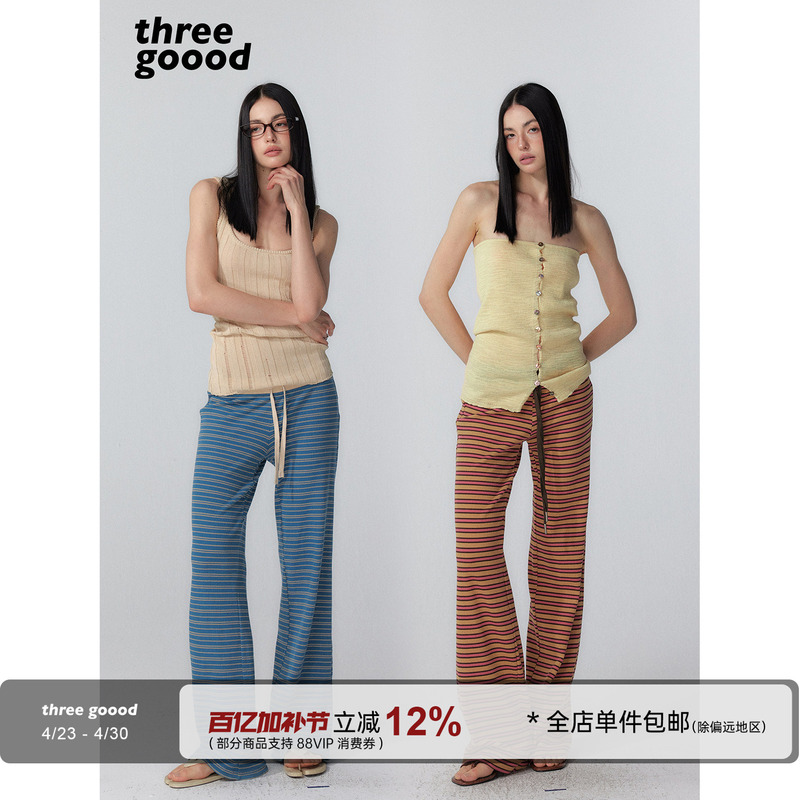 Three Goood Yin Sanji Color-Block Striped Knit Straight-Leg Pants Supermodel-Look Relaxed Slimming Casual Pants