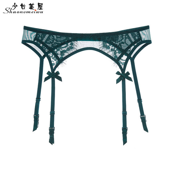 Girl Beauty House Spring and Summer Sexy Transparent Dark Green Eyelashes Lace Garter Belt Mesh Garter Stockings Set Two-piece Set