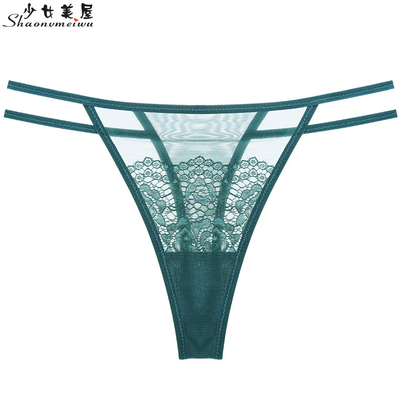 Girl beauty house dark green fine lace transparent sexy low-waisted T-pants girl breathable T-word panties T-shirt