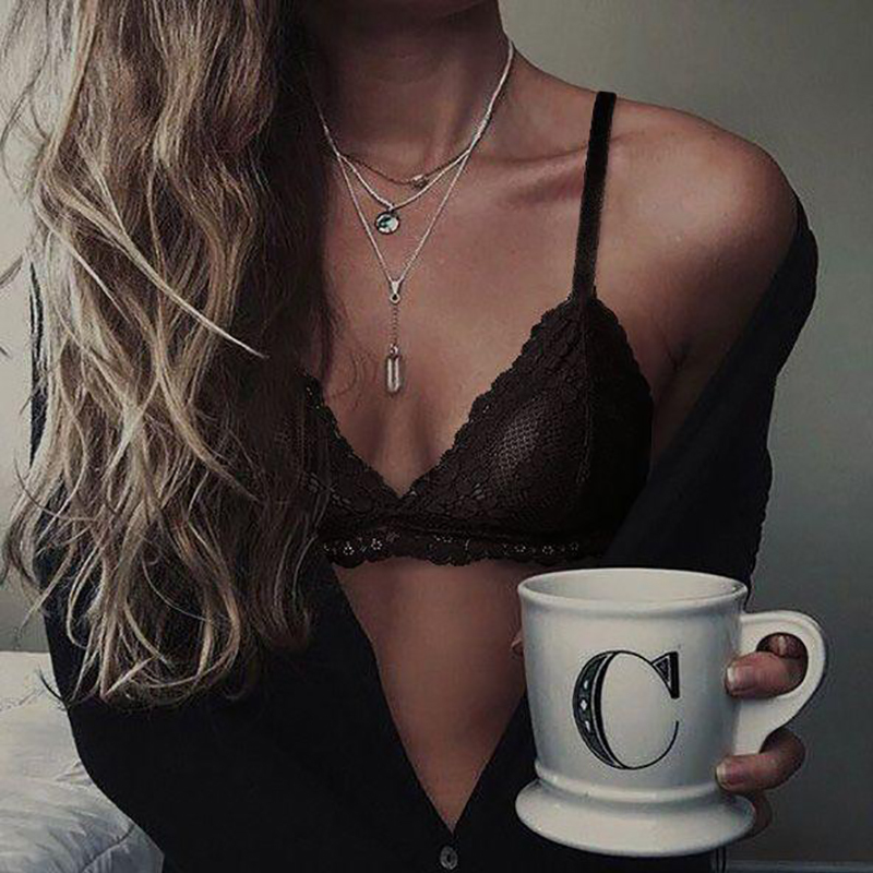 Lace Triangle Cup Small Bust Push-Up Sexy Transparent Ultra-Thin Black Wire-Free Non-Padded Bra Underwear