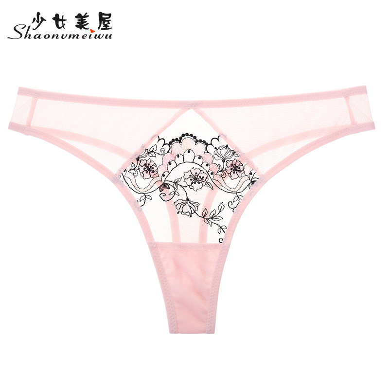 Girl beauty house sexy low waist embroidery ultra-thin section women's T pants Transparent temptation mesh underwear large size thong