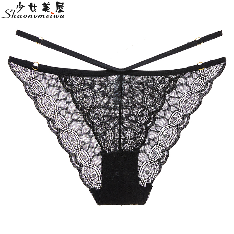 Girl beauty house sexy transparent lady lace triangle trouser head low waist no trace lift buttock thin black underwear spring and summer