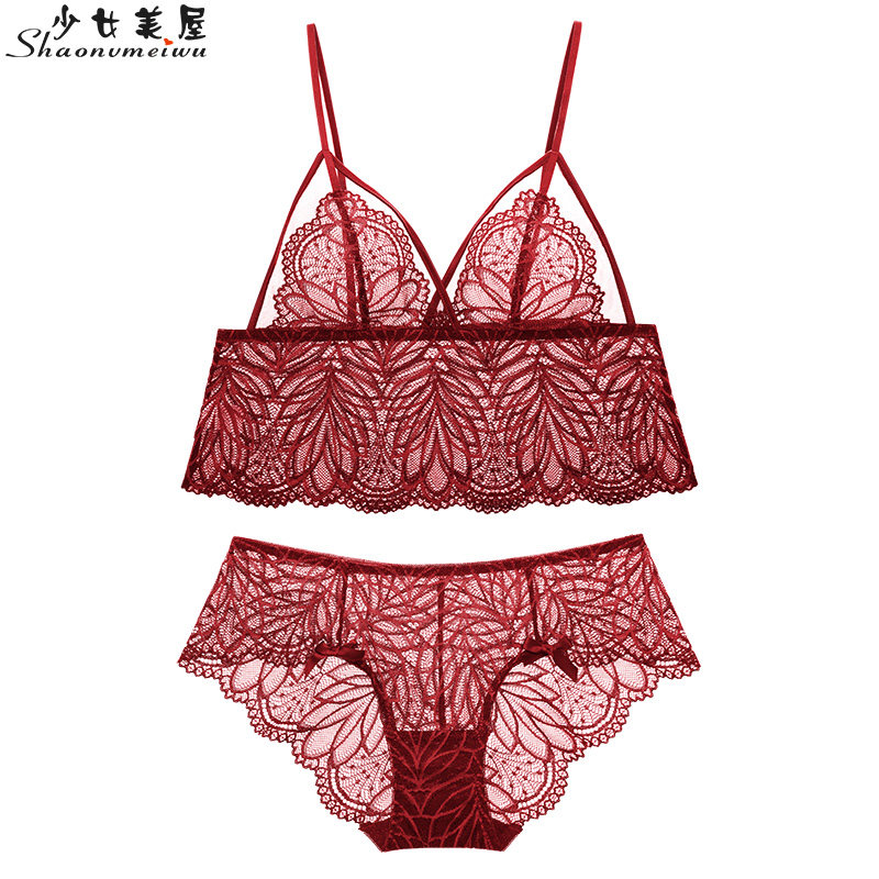 (Qingcang) Ultra-thin French sexy complete set of underwear without steel ring transparent lace small cute cover dark green bra