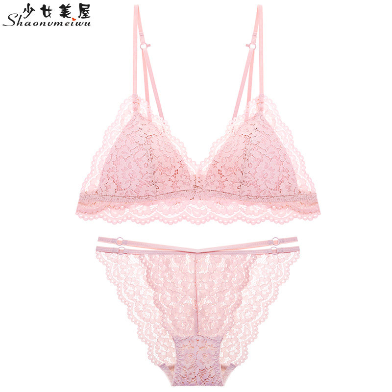 Girl Beauty House Triangle Cup Unrimmed Bra Set Sexy Lace Bra Thin Ladies Slap Straps
