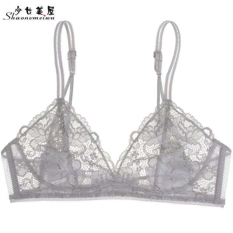 Teenage Girl Beauty House Sexy No Steel Ring Slim Bra Underwear Lady Transparent Lace Bra Grey Thin bra