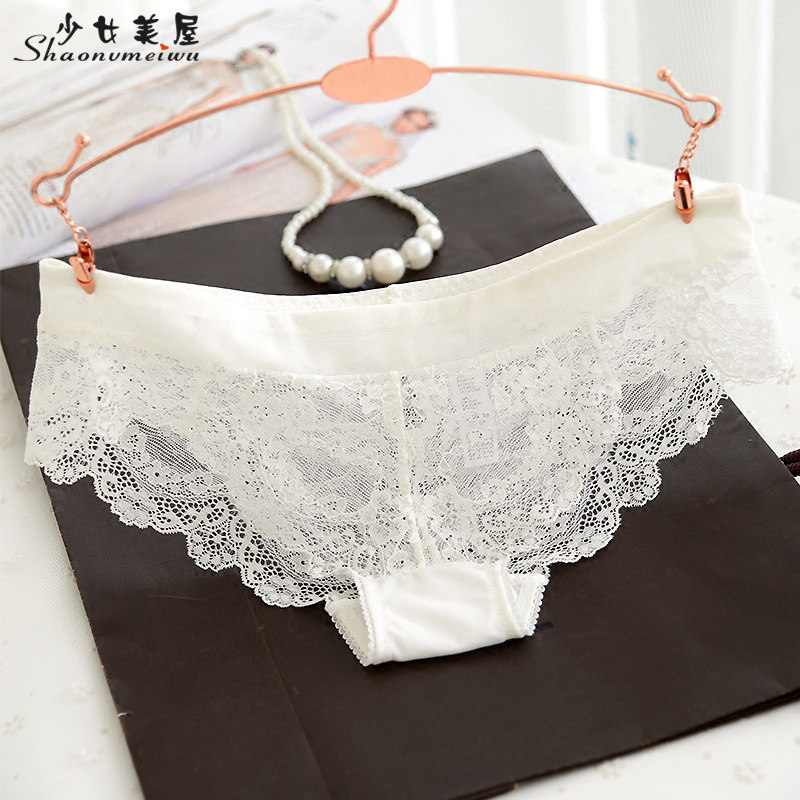 European and American transparent lace butterfly knot comfort seductive mid-waist white lady Triangle underpants large size triangular pants
