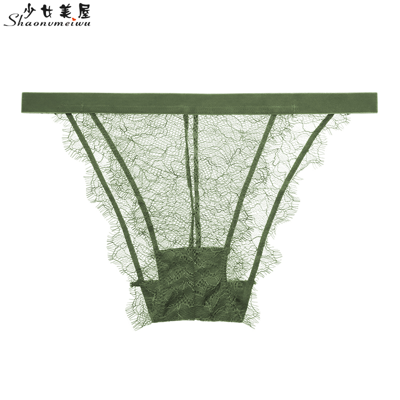 Girl's Beautiful House-Style French Sexy Transparent Lace Briefs, Thin See-Through Low-Waist Hip-Lifting Green Panties with Pure Cotton Crotch Girl's Beautiful House-Style French Sexy Transparent Lace Briefs, Thin See-Through Low-Waist Hip-Lifting Green Panties with Pure Cotton Crotch