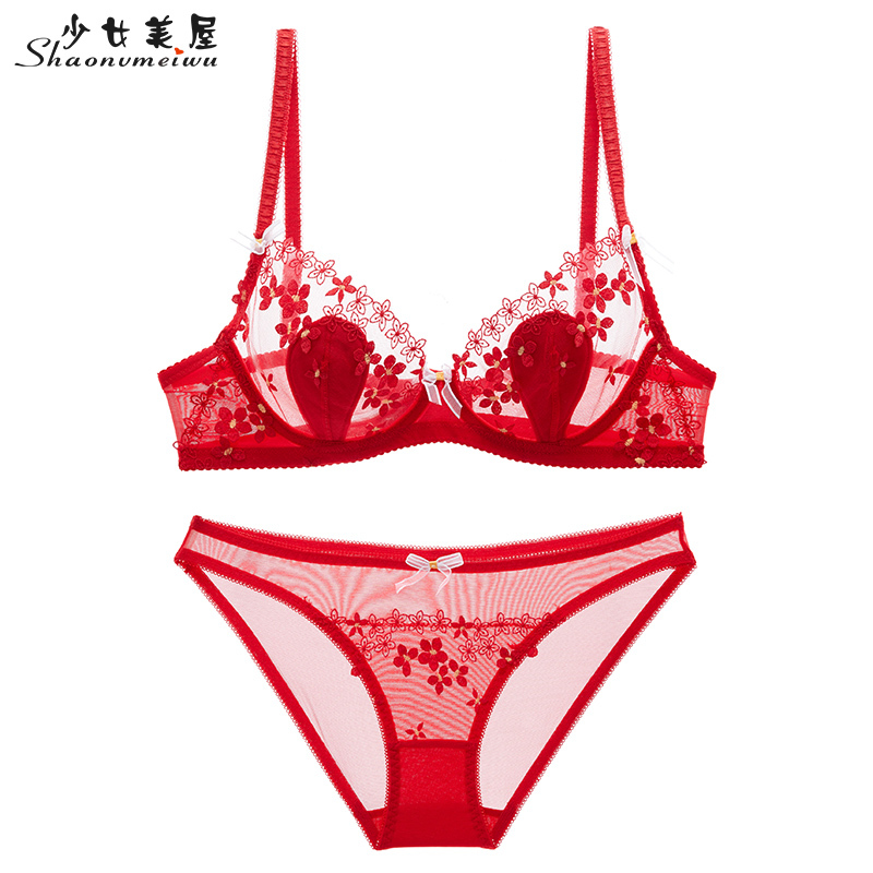 Red Zodiac Year Ultra-Thin Transparent Lingerie Sexy Bra Set Thin Lace Push-Up Bra for the New Year in Bright Red