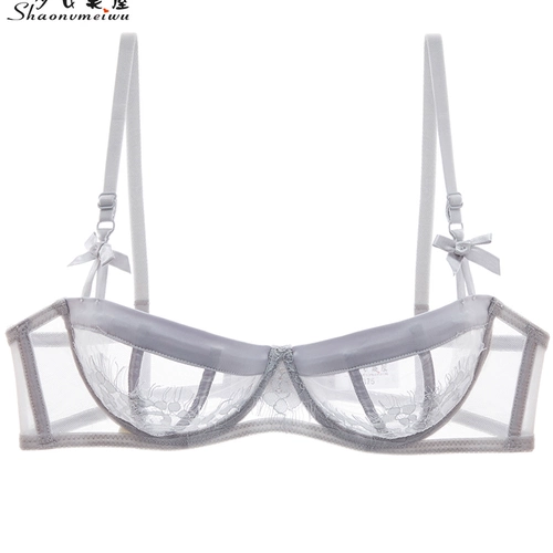 Большая грудь выглядит маленькой, прозрачное прозрачное нижнее белье, ультратонкое серое кружево, милый бюстгальтер с половиной чашки, горячая леди, сексуальная осень