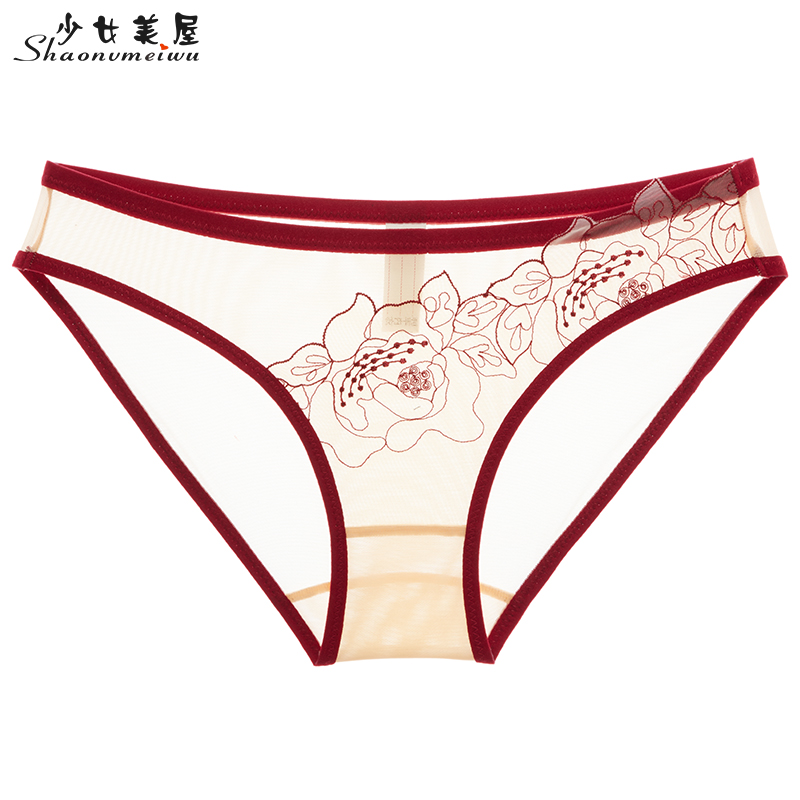 Girls Beauty House autumn ultra-thin mesh embroidery transparent women's underwear women's sexy briefs breathable large size