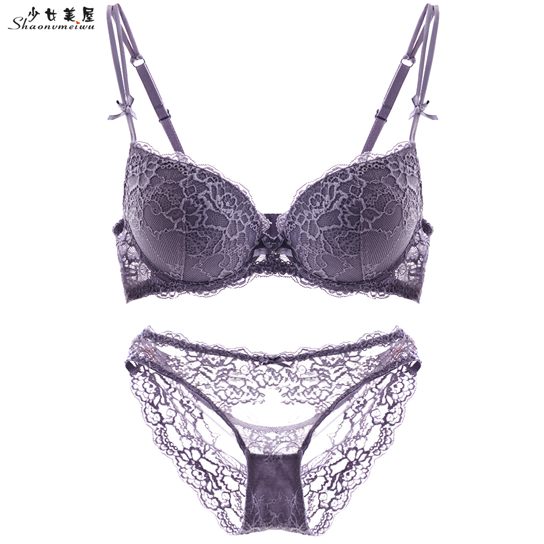 Girl beauty house sexy lace upper thin lower thick ladies underwear gathered adjustable underwear set Purple small bra