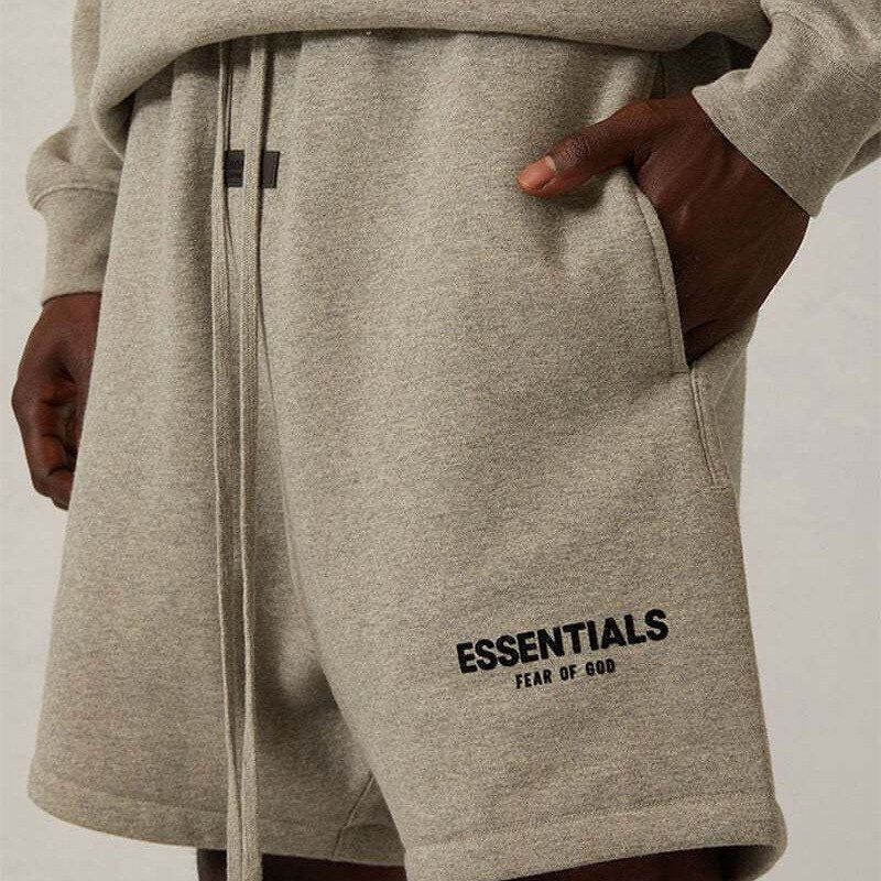 Ess Trend Essential European and American Season 8 Multi-Line High Street Casual Loose Black Flocked Print Drawstring Shorts
