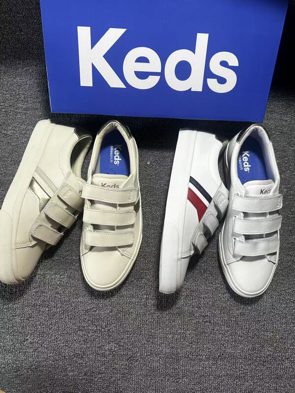 Keds2026 New Beige and White Leather Strap-On Casual Sneakers with Round Toe, Flat Sole, Genuine Leather, Low-Top Women's Shoes Keds2026 New Beige and White Leather Strap-On Casual Sneakers with Round Toe, Flat Sole, Genuine Leather, Low-Top Women's Shoes
