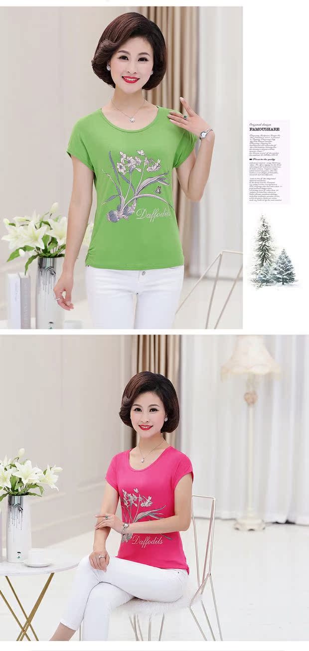 Mùa hè mới của phụ nữ trung niên mẹ mặc áo thun ngắn tay cộng với phân bón XL chạm đáy áo sơ mi cotton modal mẫu váy cho người trung tuổi