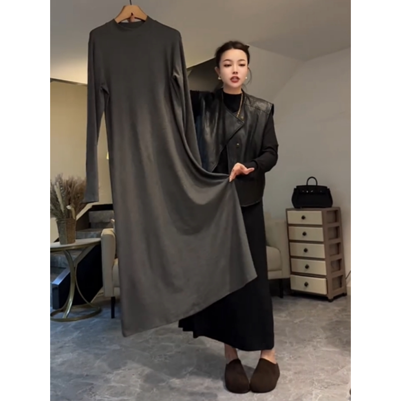 European Style Solid Color Elegant Half-High Collar Dress for Women, 2026 Autumn New Style, Lazy and Loose, Versatile Long Base Dress European Style Solid Color Elegant Half-High Collar Dress for Women, 2026 Autumn New Style, Lazy and Loose, Versatile Long Base Dress