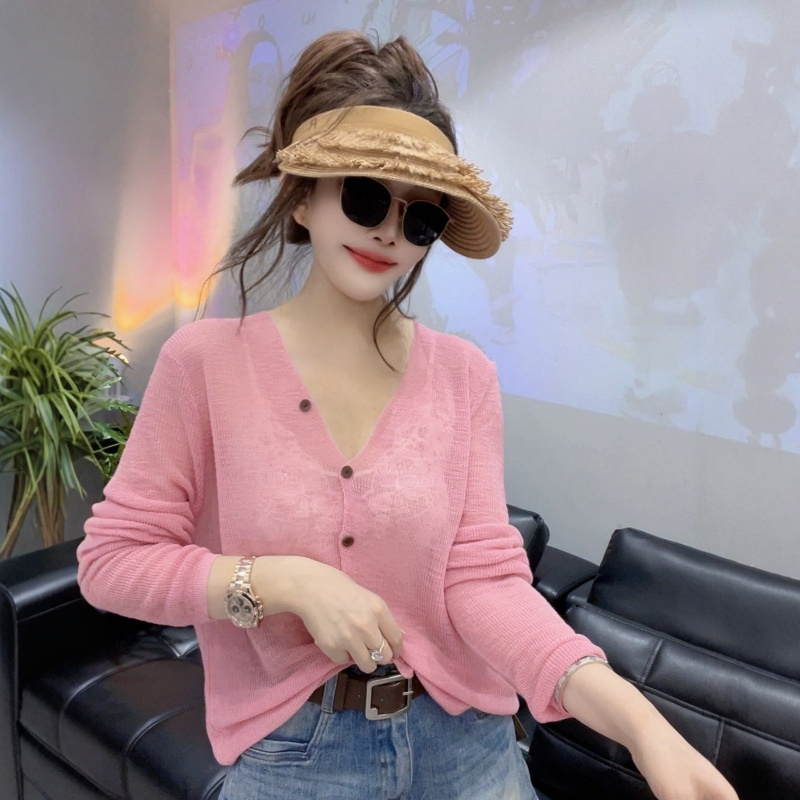Relaxed and Casual Pink Knitted Cardigan for Women, 2026 Summer New Style, Fashionable, Comfortable, Versatile, V-Neck, Sun-Protective Thin Shirt