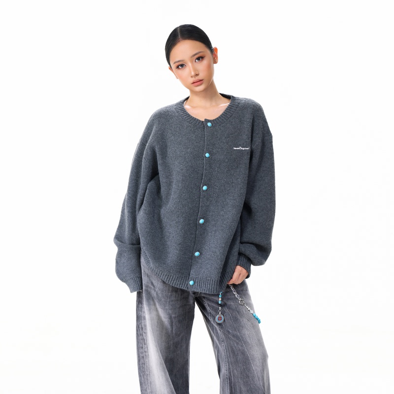4Ever Lab American Retro Imitation Turquoise Button Lazy Casual Cardigan Knitted Sweater, Same Style for Men and Women