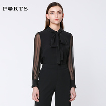 PORTS Baozi triacetic acid spring shirt womens bow mulberry silk stitching solid color vintage long-sleeved top