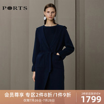 PORTS Womens 19 autumn and winter waist lace-up hooded medium long coat ALN9K005JZF076