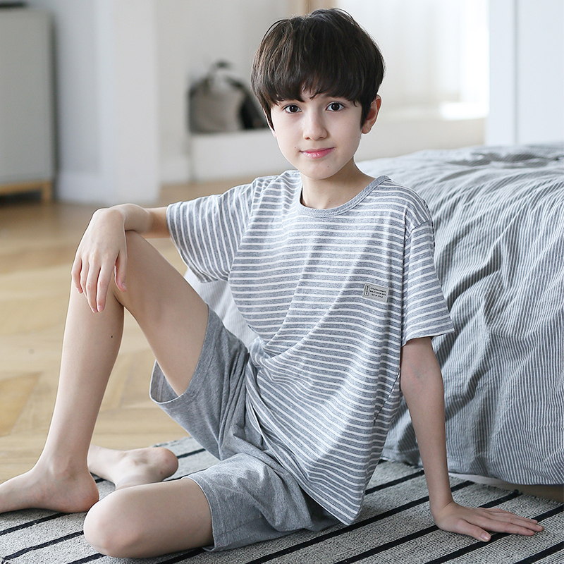 Boys' Pajamas 2026 Summer New Style Pure Cotton Short-Sleeved Home Wear Set for Older Children, Teenagers, Students, and Boys