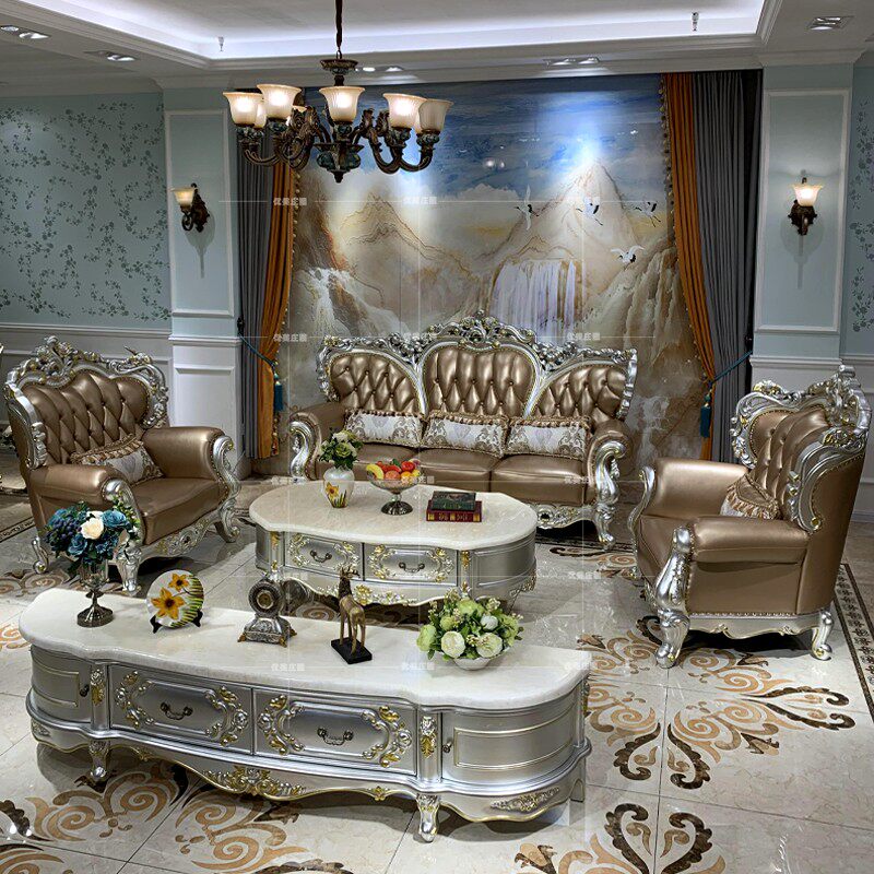 European leather sofa solid wood carving living room combination first layer cowhide Daping number champagne silver full set of French furniture
