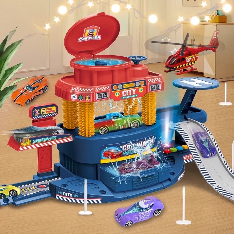 Children's Sound and Light Simulation Car Wash, Parent-Child Interactive Color-Changing Car Track Model, Parking Lot, 3 Boys, 6 Car Toys