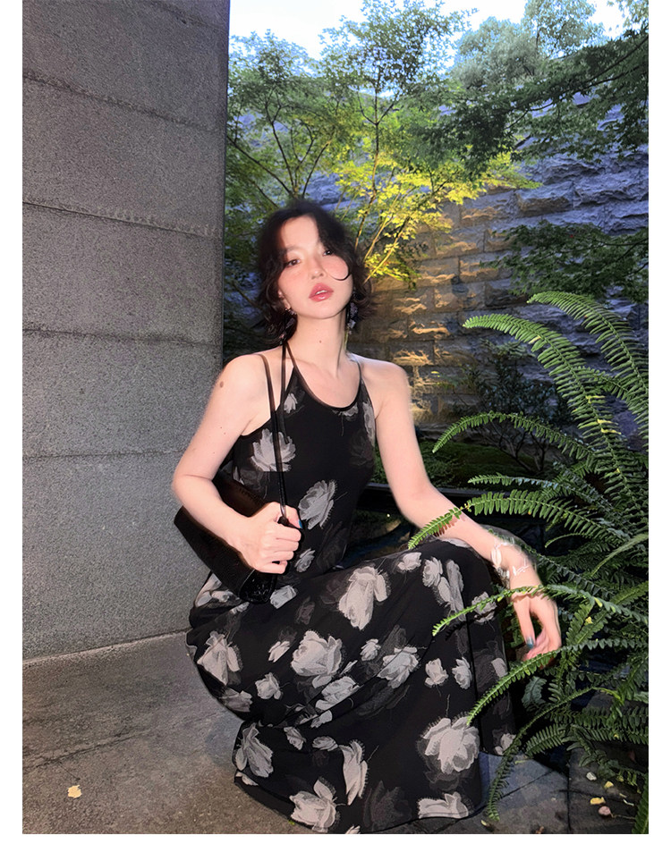 KELIFAN Floral Print Halter Maxi Dress