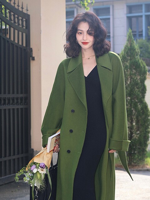 Jiuwu homemade French retro 100% wool double-sided woolen coat loose mid-length woolen coat for women spring and autumn