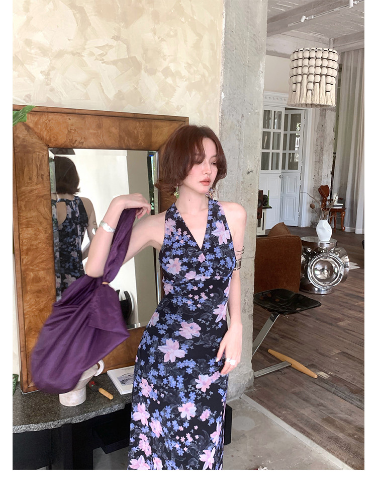 KELIFAN Blue Snowflake Halter Dress